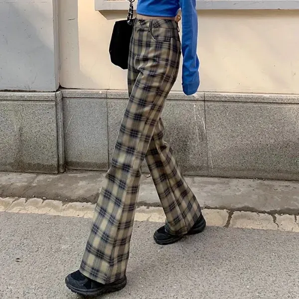 Vintage Plaid High Waist Straight Pants