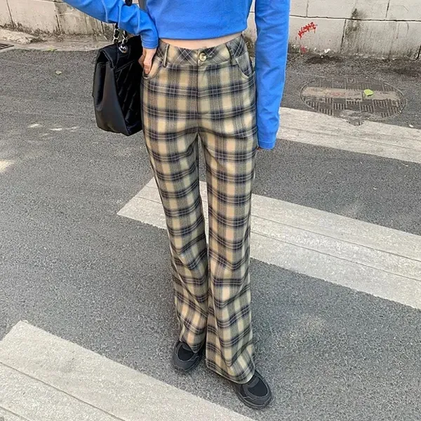 Vintage Plaid High Waist Straight Pants