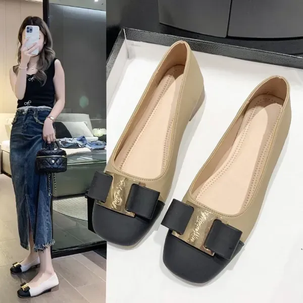 Dual Color Buckle Slip-On Flat Shoes