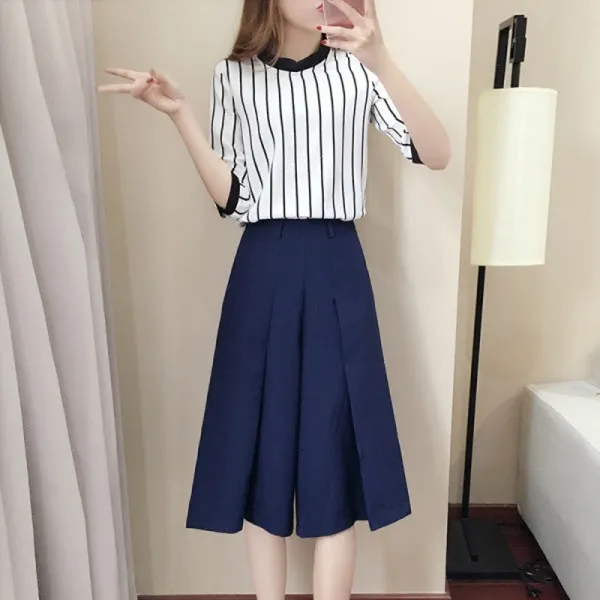 2 Pieces Women's Round Neck Half Sleeves Top Shirt Casual Pants