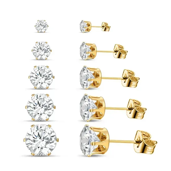 5 Pairs Gold Tone Crystal Stud Earrings Set