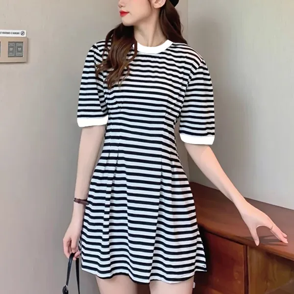 Striped Crew Neck Short Sleeve Mini Dress