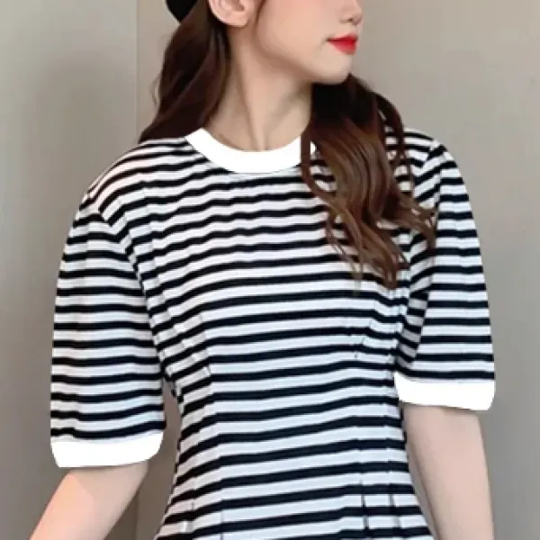 Striped Crew Neck Short Sleeve Mini Dress