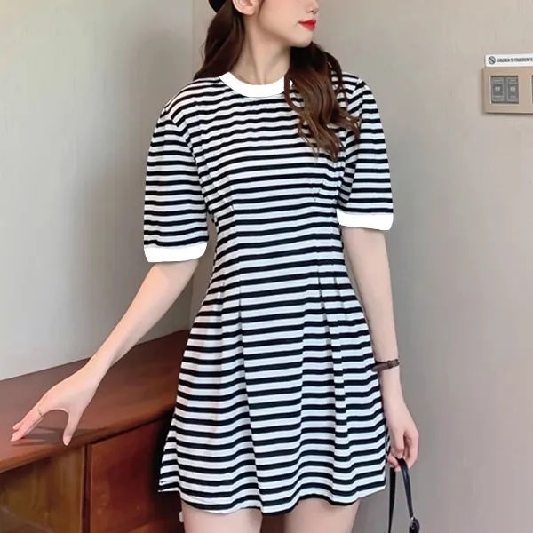 Striped Crew Neck Short Sleeve Mini Dress