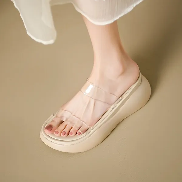Beige Transparent PVC Strap Flat Slides