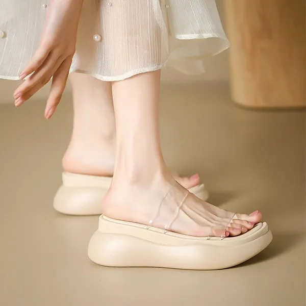Beige Transparent PVC Strap Flat Slides