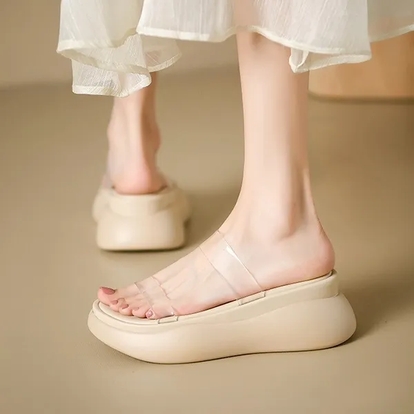 Beige Transparent PVC Strap Flat Slides