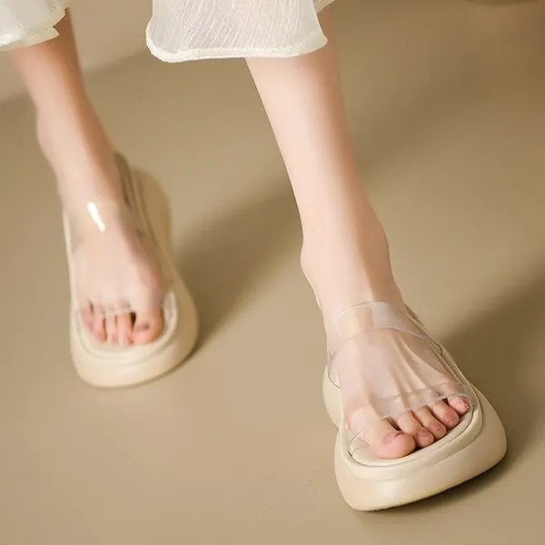 Beige Transparent PVC Strap Flat Slides