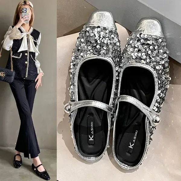 Women’s Korean Style Half Slippers, Low Heels with Sequins