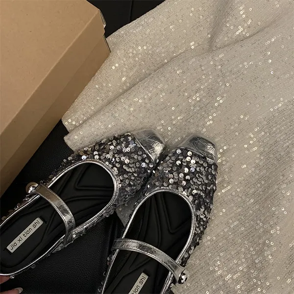 Women’s Korean Style Half Slippers, Low Heels with Sequins