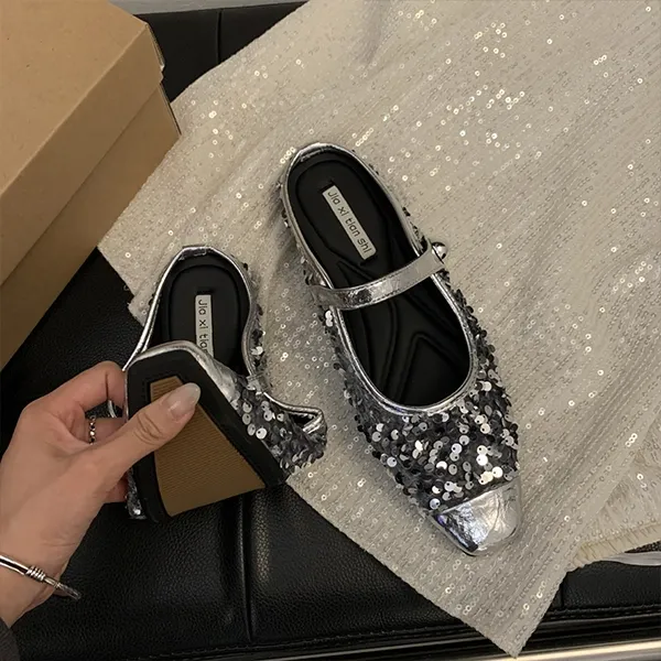 Women’s Korean Style Half Slippers, Low Heels with Sequins