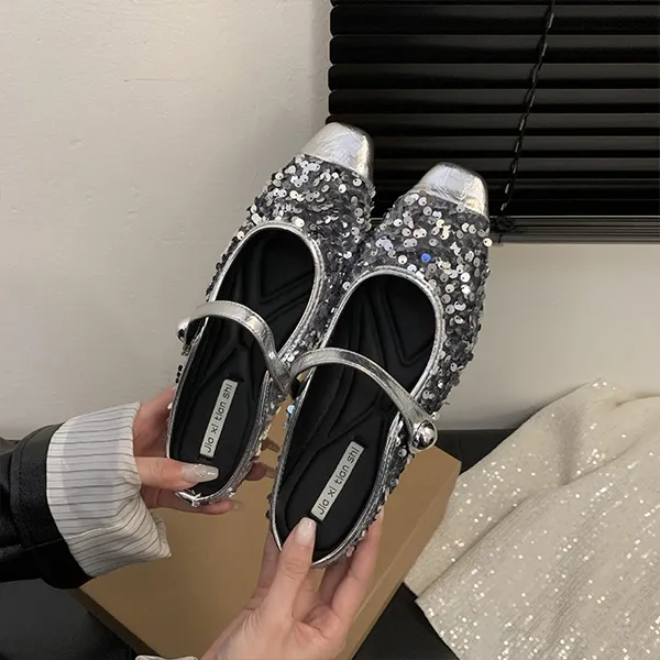 Women’s Korean Style Half Slippers, Low Heels with Sequins