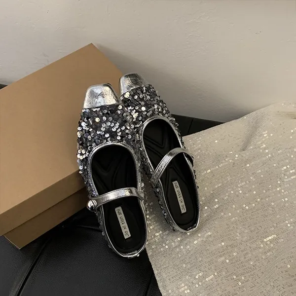 Women’s Korean Style Half Slippers, Low Heels with Sequins