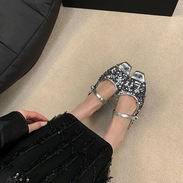 Women’s Korean Style Half Slippers, Low Heels with Sequins