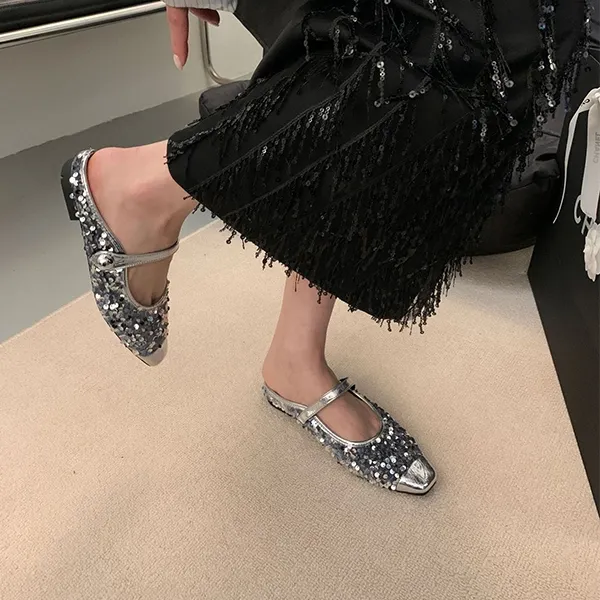 Women’s Korean Style Half Slippers, Low Heels with Sequins