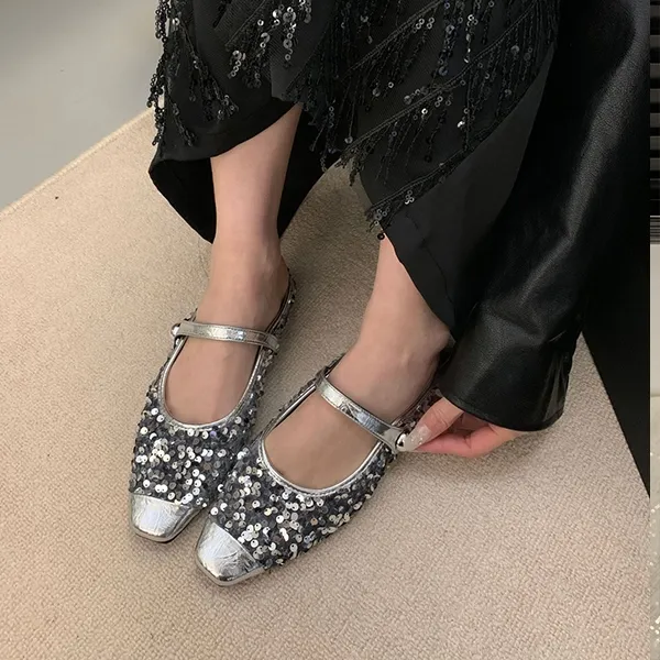 Women’s Korean Style Half Slippers, Low Heels with Sequins