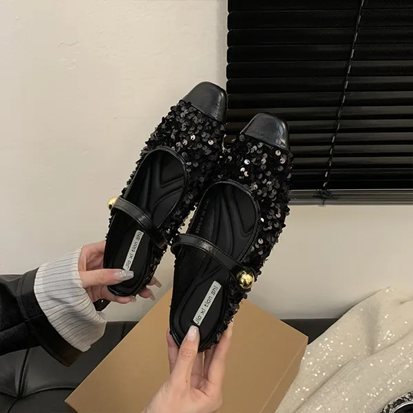 Women’s Korean Style Half Slippers, Low Heels with Sequins