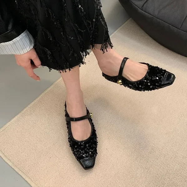 Women’s Korean Style Half Slippers, Low Heels with Sequins