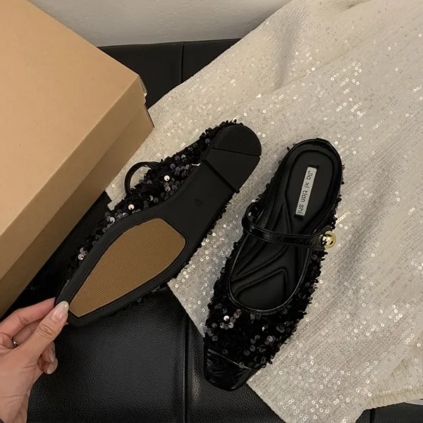 Women’s Korean Style Half Slippers, Low Heels with Sequins