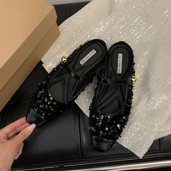 Women’s Korean Style Half Slippers, Low Heels with Sequins