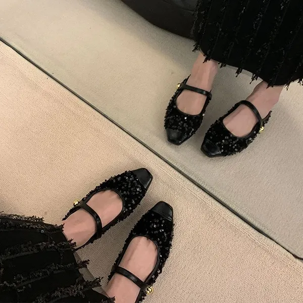 Women’s Korean Style Half Slippers, Low Heels with Sequins