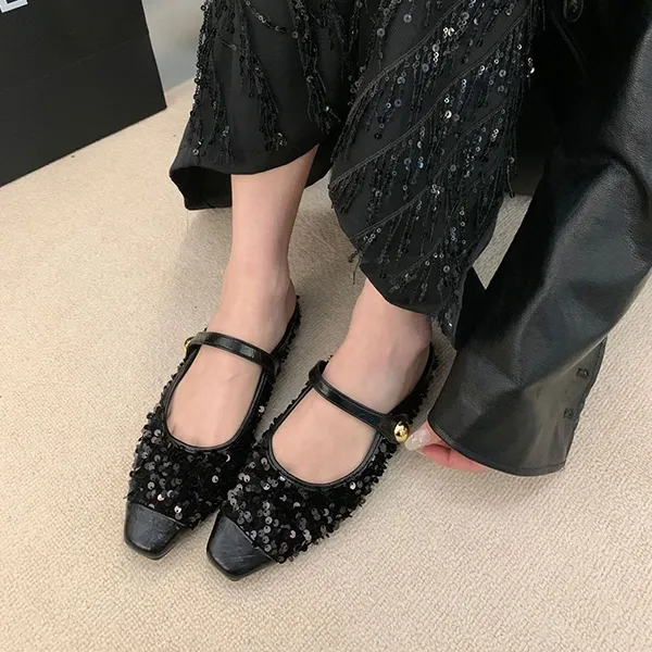 Women’s Korean Style Half Slippers, Low Heels with Sequins