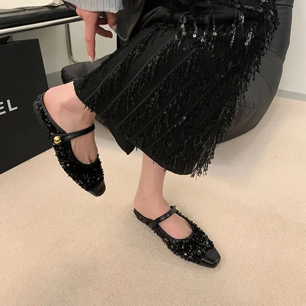 Women’s Korean Style Half Slippers, Low Heels with Sequins