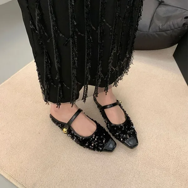 Women’s Korean Style Half Slippers, Low Heels with Sequins