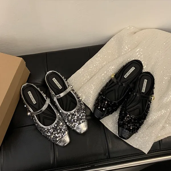 Women’s Korean Style Half Slippers, Low Heels with Sequins