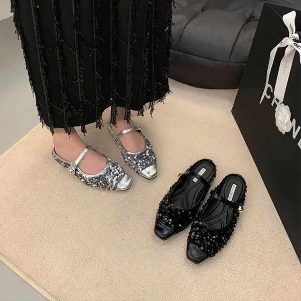 Women’s Korean Style Half Slippers, Low Heels with Sequins