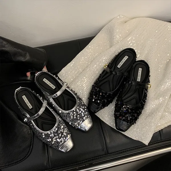 Women’s Korean Style Half Slippers, Low Heels with Sequins