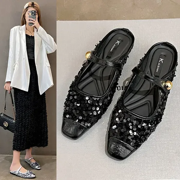 Women’s Korean Style Half Slippers, Low Heels with Sequins