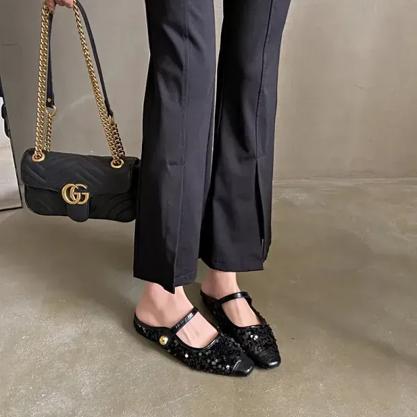 Women’s Korean Style Half Slippers, Low Heels with Sequins