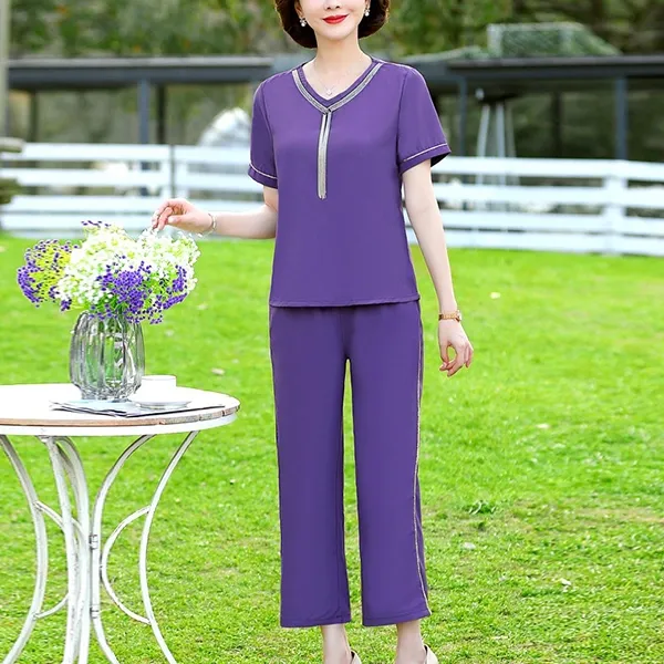 Elegant V-Neck Chain Detail Top and Pants Set