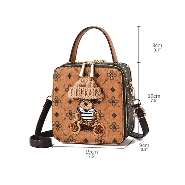 Square Patterned Bag With Cute Bear And Knit Hat