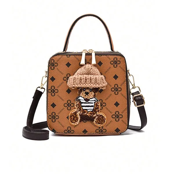 Square Patterned Bag With Cute Bear And Knit Hat