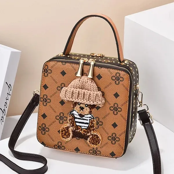 Square Patterned Bag With Cute Bear And Knit Hat