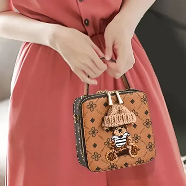 Thumbnail of Square Patterned Bag With Cute Bear And Knit Hat