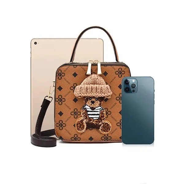 Square Patterned Bag With Cute Bear And Knit Hat