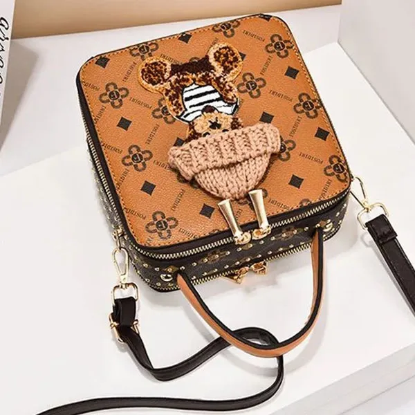 Square Patterned Bag With Cute Bear And Knit Hat