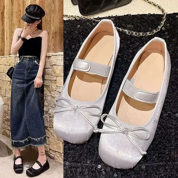 Girls' Bow Design Velcro School Ballerinas