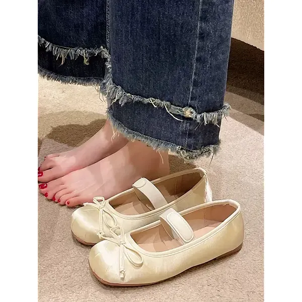 Girls' Bow Design Velcro School Ballerinas