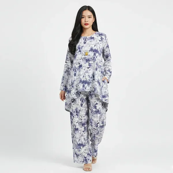 DORBE Baroque Pattern Irregular Length Blouse Top Elastic Waist Wide Leg Trouser 2 Piece Set