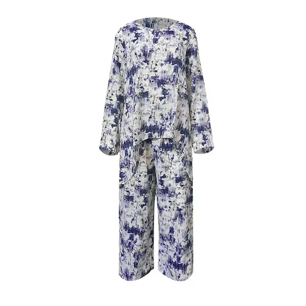 Thumbnail of DORBE Baroque Pattern Irregular Length Blouse Top Elastic Waist Wide Leg Trouser 2 Piece Set