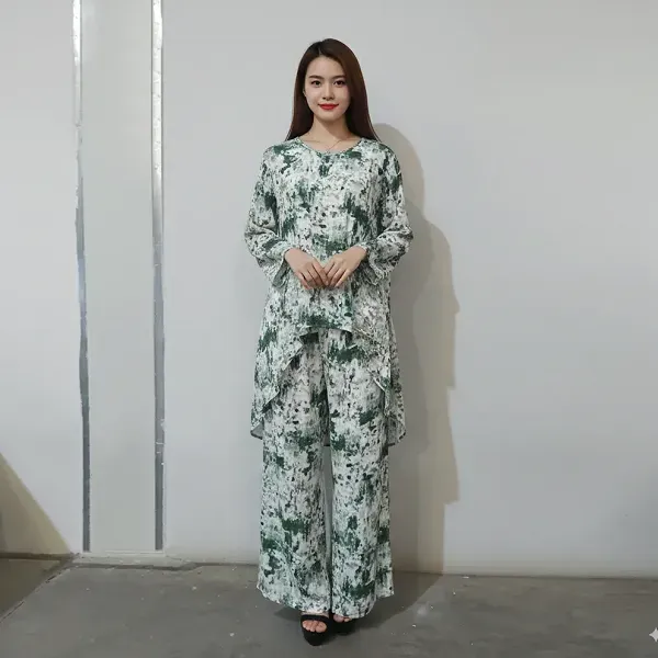 DORBE Baroque Pattern Irregular Length Blouse Top Elastic Waist Wide Leg Trouser 2 Piece Set