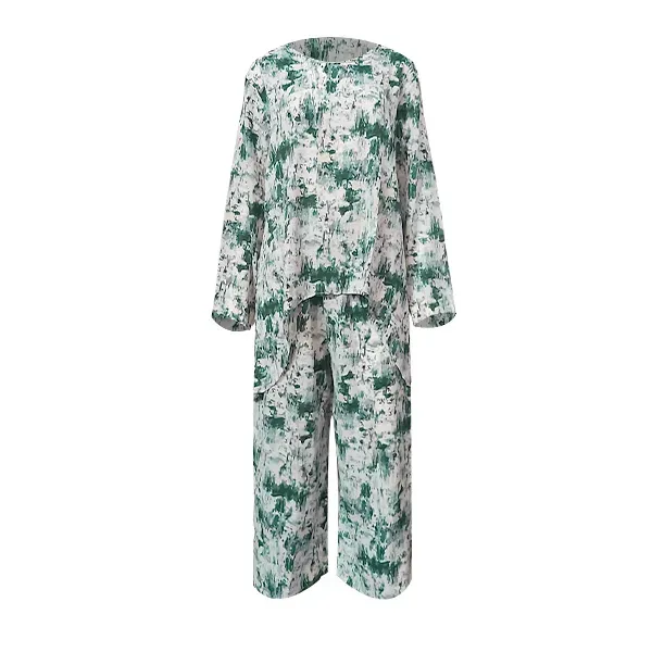 DORBE Baroque Pattern Irregular Length Blouse Top Elastic Waist Wide Leg Trouser 2 Piece Set