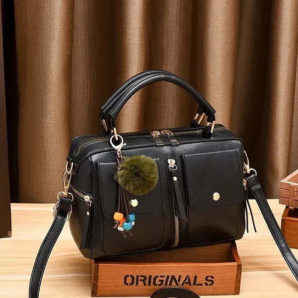 Trendy Black Barrel Handbag | Pom-Pom Charm and Pockets