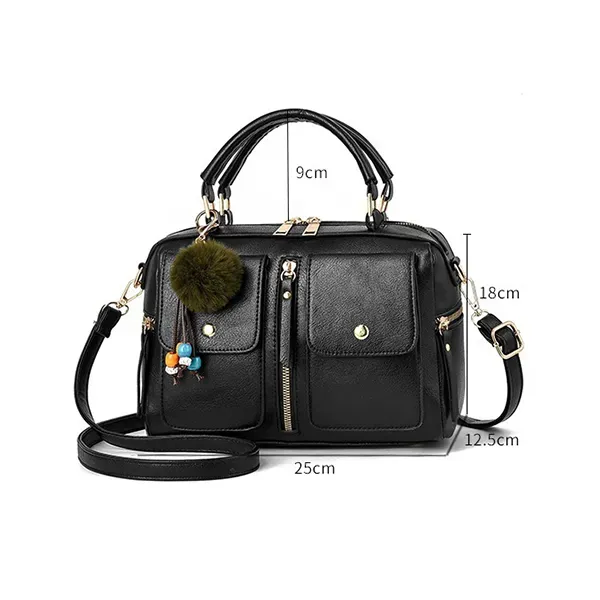 Trendy Black Barrel Handbag | Pom-Pom Charm and Pockets