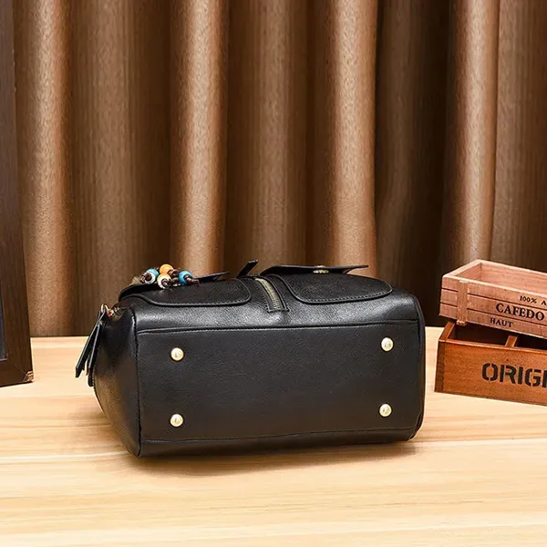 Trendy Black Barrel Handbag | Pom-Pom Charm and Pockets