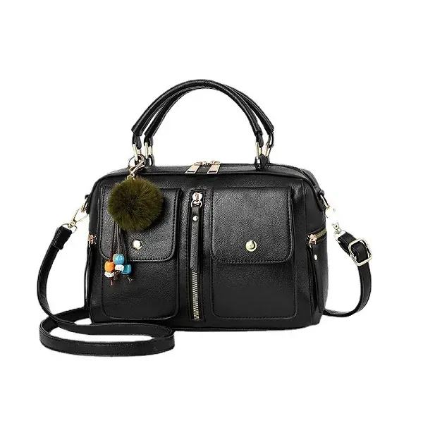 Trendy Black Barrel Handbag | Pom-Pom Charm and Pockets